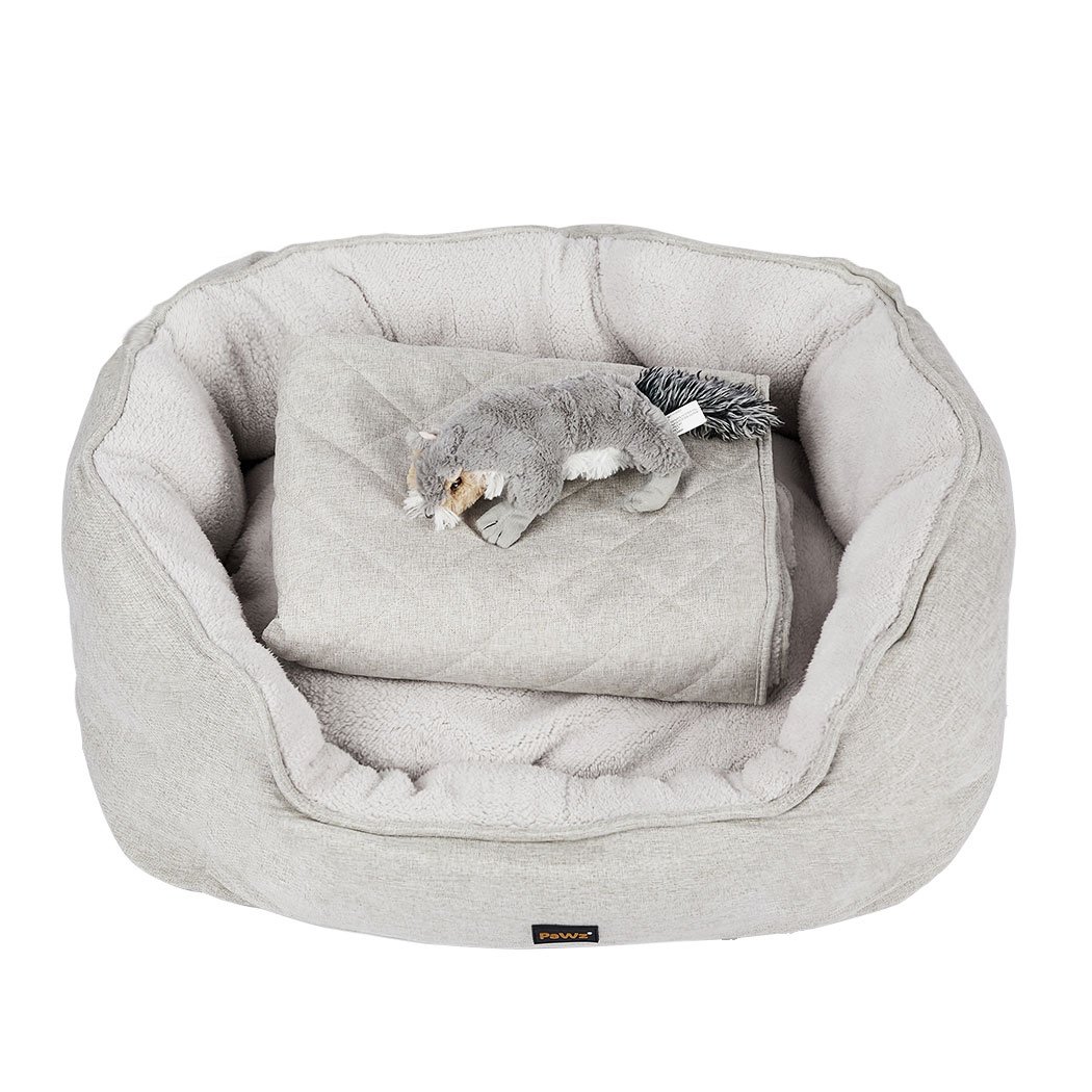 PaWz Pet Bed Set featuring a plush bed, soft blanket, and squeaky toy in beige color, designed for ultimate pet comfort.