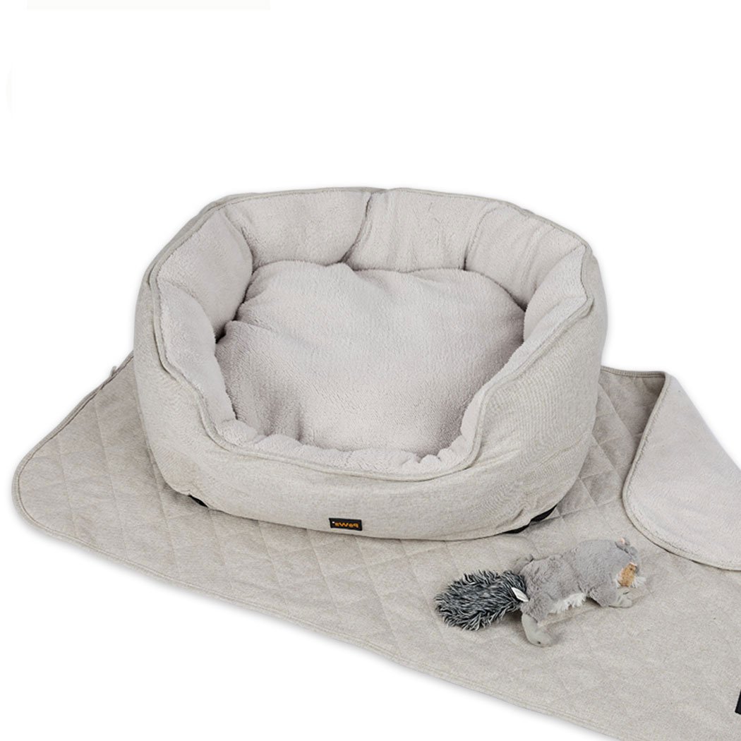 PaWz Pet Bed Set featuring a plush bed, soft blanket, and squeaky toy in beige color, designed for ultimate pet comfort.