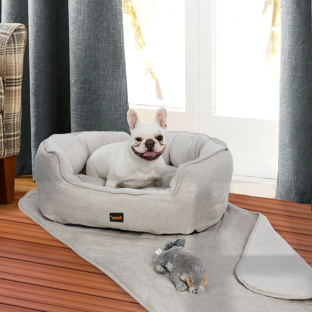 PaWz Pet Bed Set featuring a plush bed, soft blanket, and squeaky toy in beige color, designed for ultimate pet comfort.