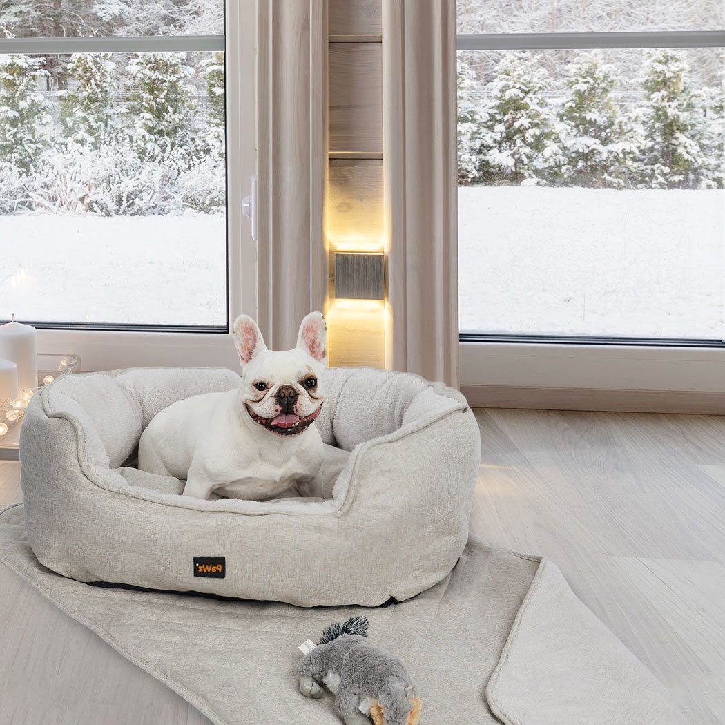 PaWz Pet Bed Set featuring a plush bed, soft blanket, and squeaky toy in beige color, designed for ultimate pet comfort.