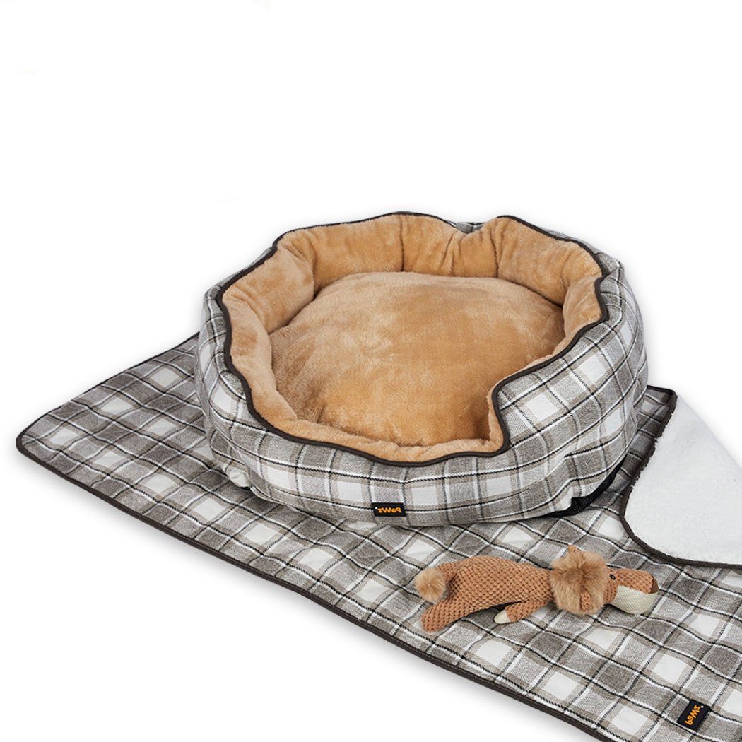 PaWz Pet Bed Set featuring a quilted blanket and a squeaky toy, designed for ultimate pet comfort and warmth.