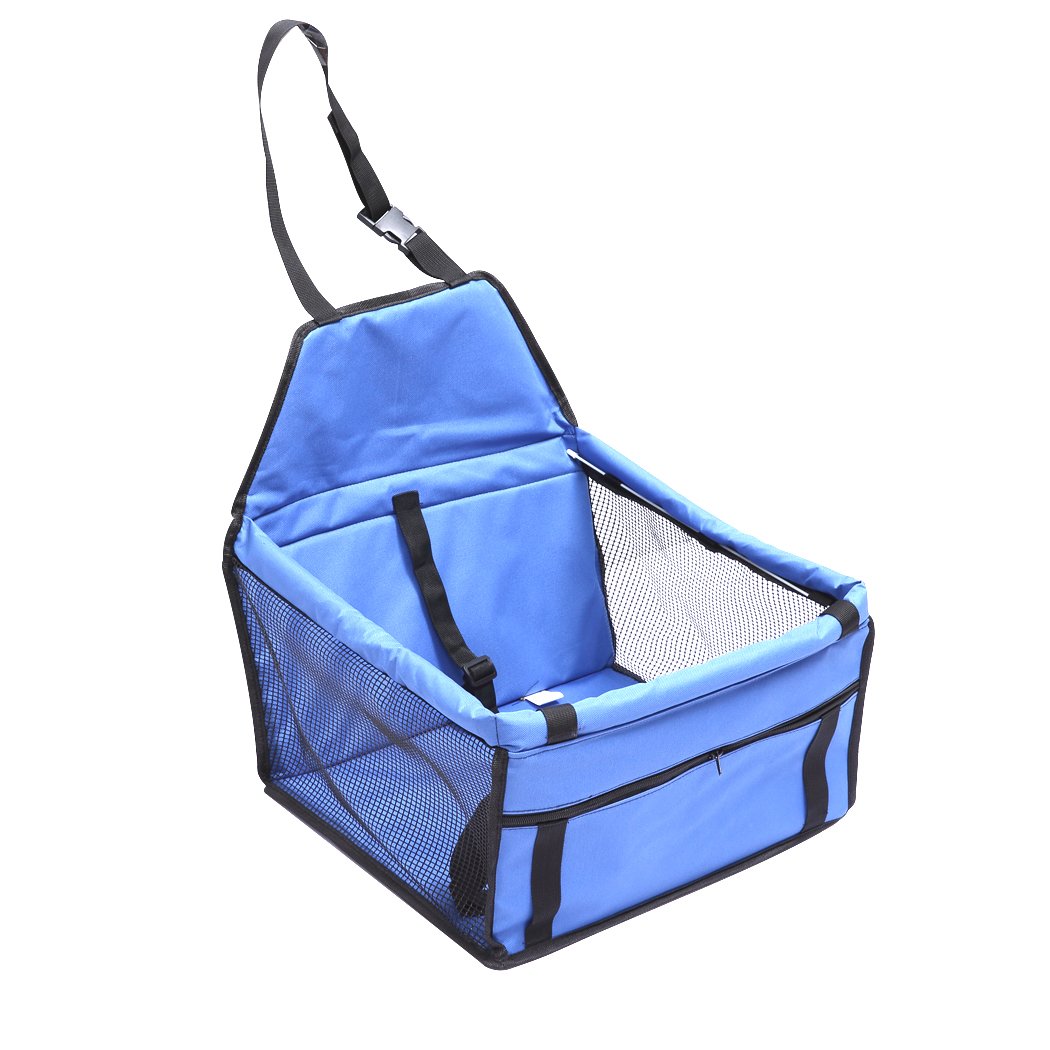 PaWz Pet Car Booster Seat in blue, designed for dogs and cats, featuring padded seating and adjustable straps for secure travel.