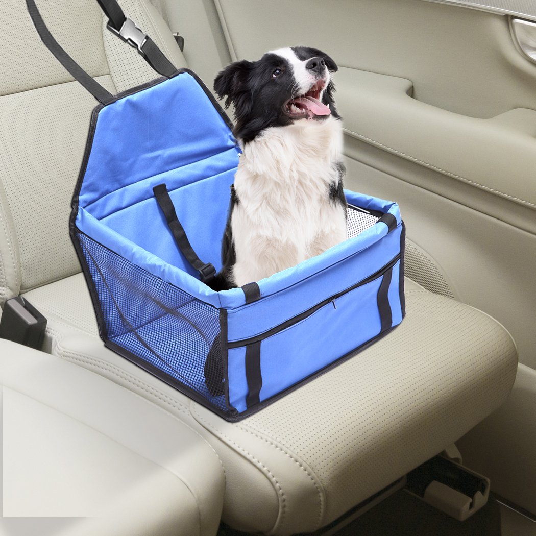 PaWz Pet Car Booster Seat in blue, designed for dogs and cats, featuring padded seating and adjustable straps for secure travel.