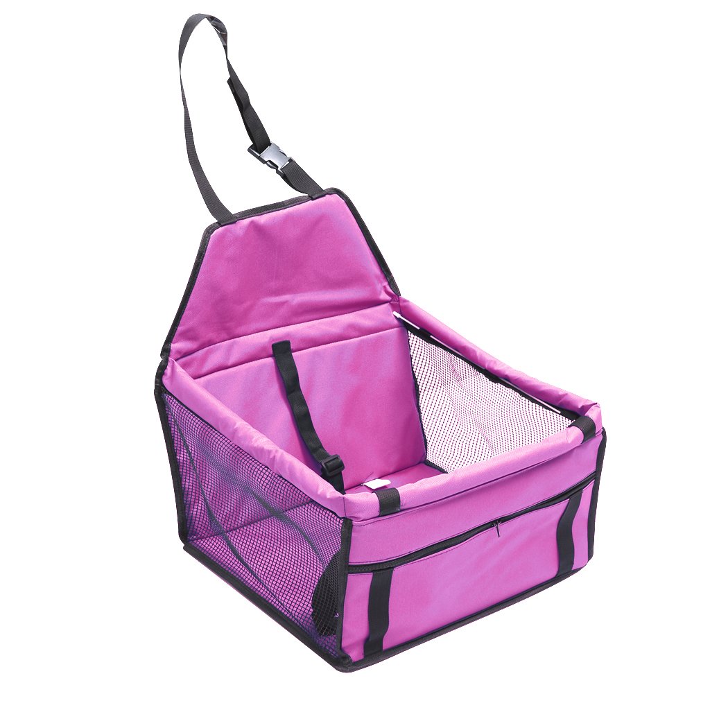 PaWz Pet Car Booster Seat in pink, designed for dogs and cats, featuring durable fabric, padded seating, and adjustable straps for secure travel.