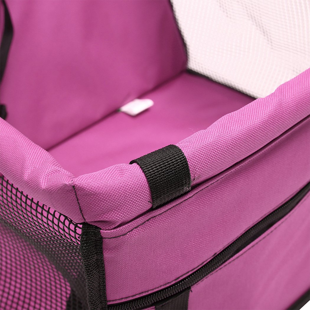 PaWz Pet Car Booster Seat in pink, designed for dogs and cats, featuring durable fabric, padded seating, and adjustable straps for secure travel.