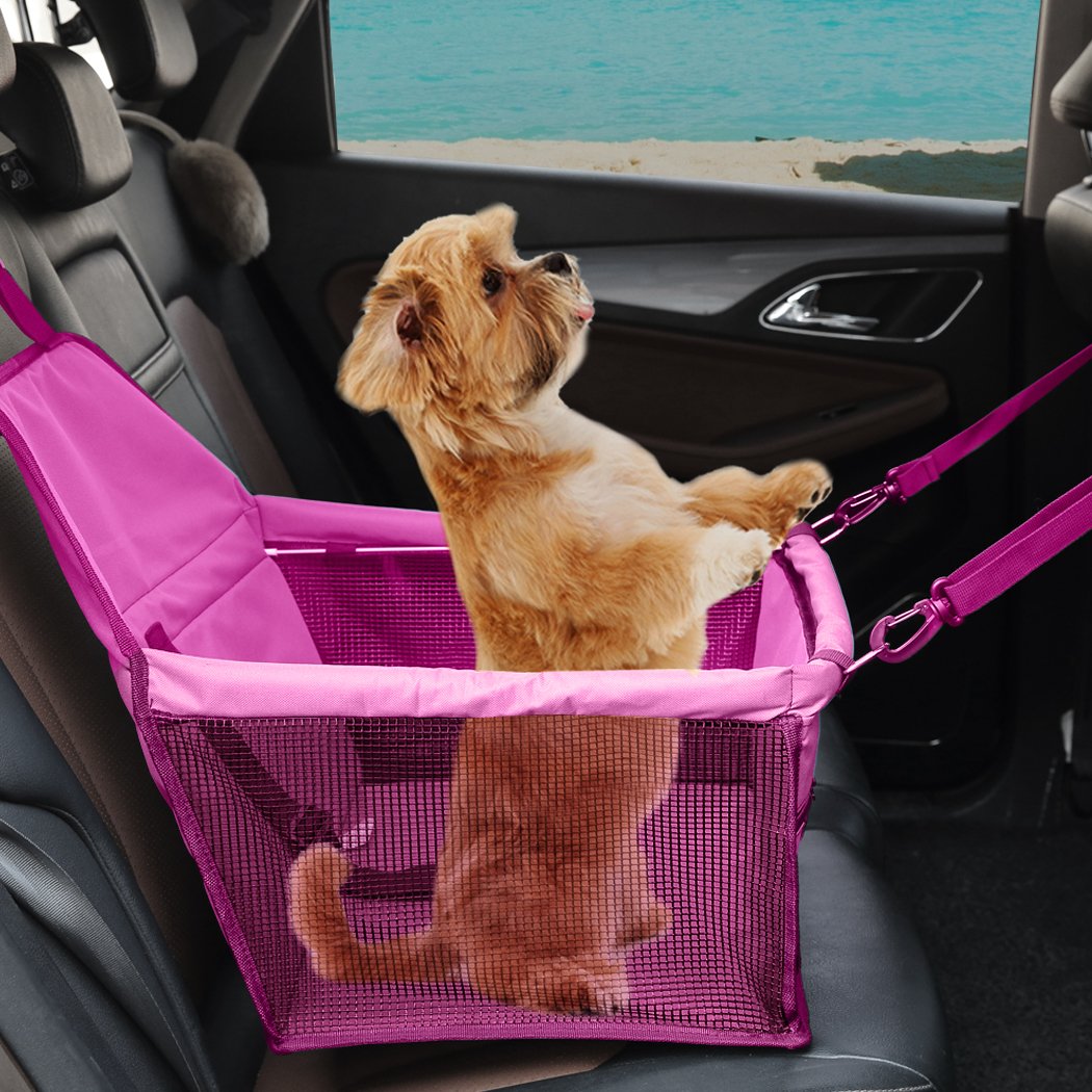 PaWz Pet Car Booster Seat in pink, designed for dogs and cats, featuring durable fabric, padded seating, and adjustable straps for secure travel.