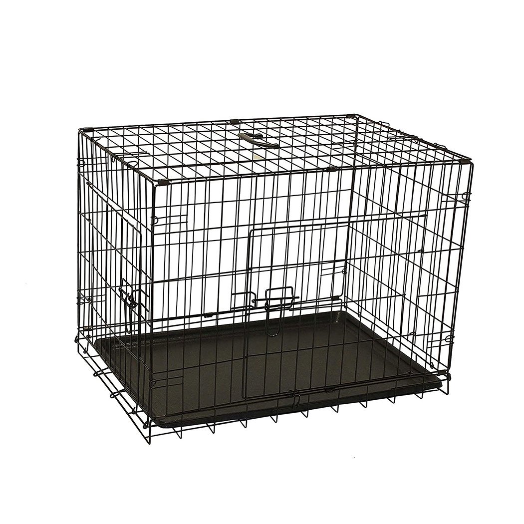 PaWz Pet Dog Cage Crate Metal Carrier with Cover, showcasing its foldable design and plush pet bed inside.