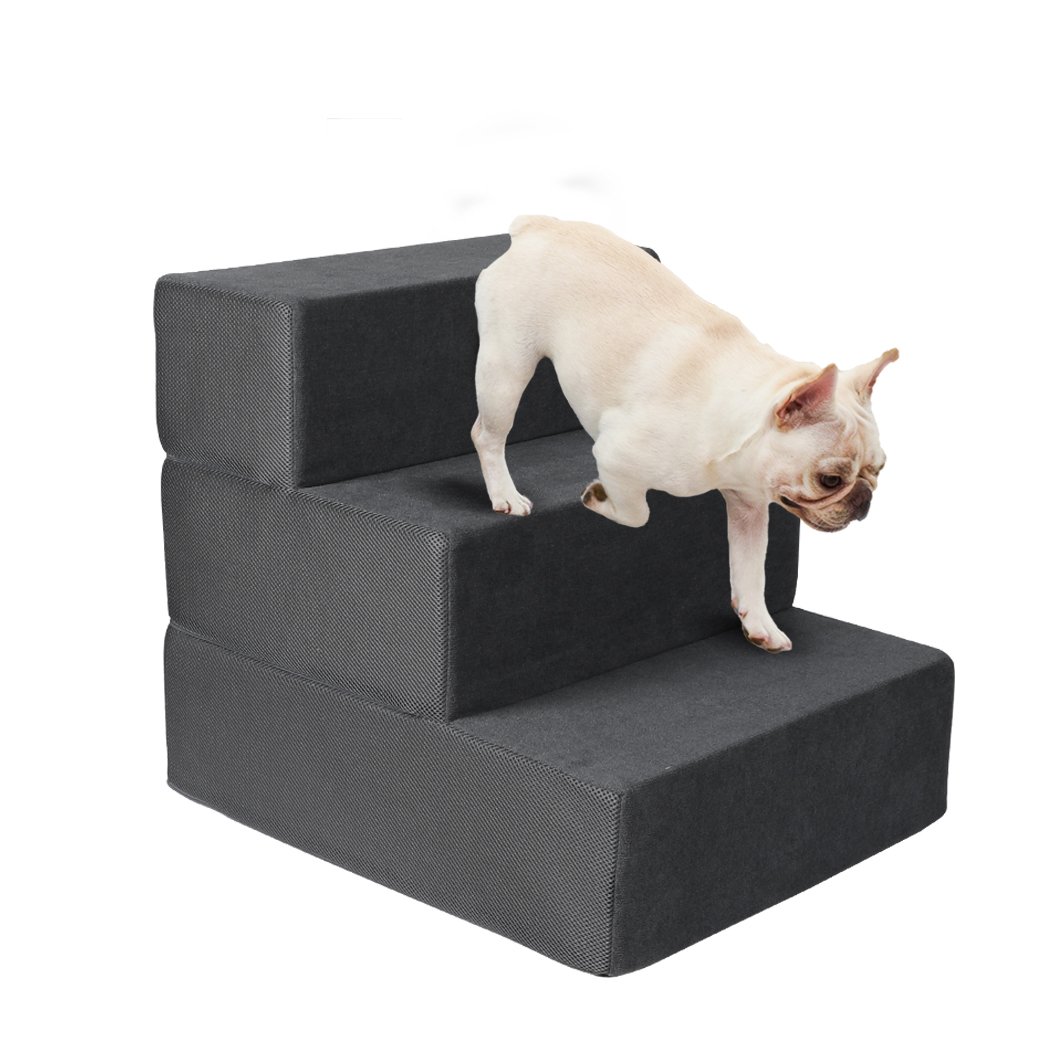 PaWz Pet Stair 3 Step Ramp in grey, featuring soft high-density foam and anti-slip bottom for pet safety and comfort.