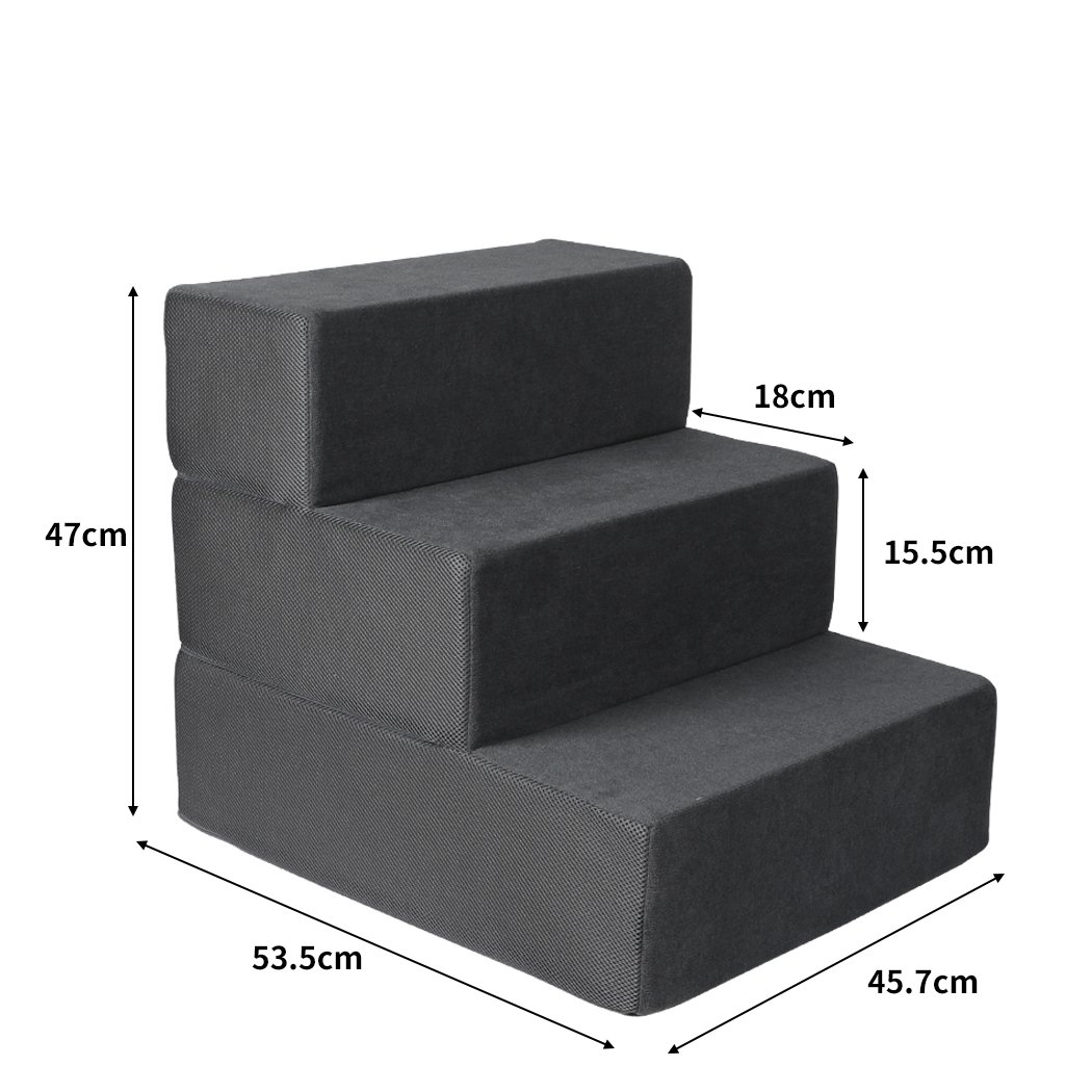 PaWz Pet Stair 3 Step Ramp in grey, featuring soft high-density foam and anti-slip bottom for pet safety and comfort.