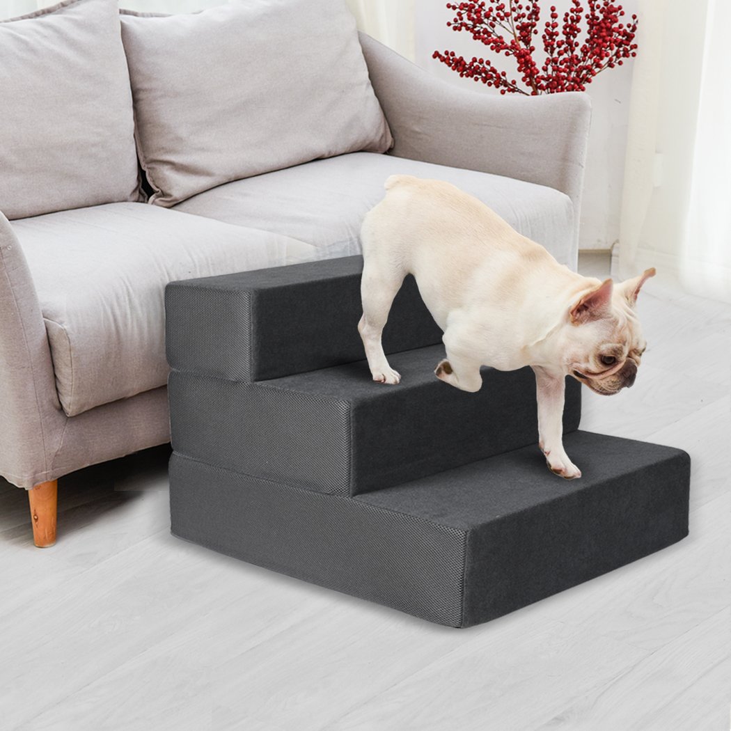 PaWz Pet Stair 3 Step Ramp in grey, featuring soft high-density foam and anti-slip bottom for pet safety and comfort.