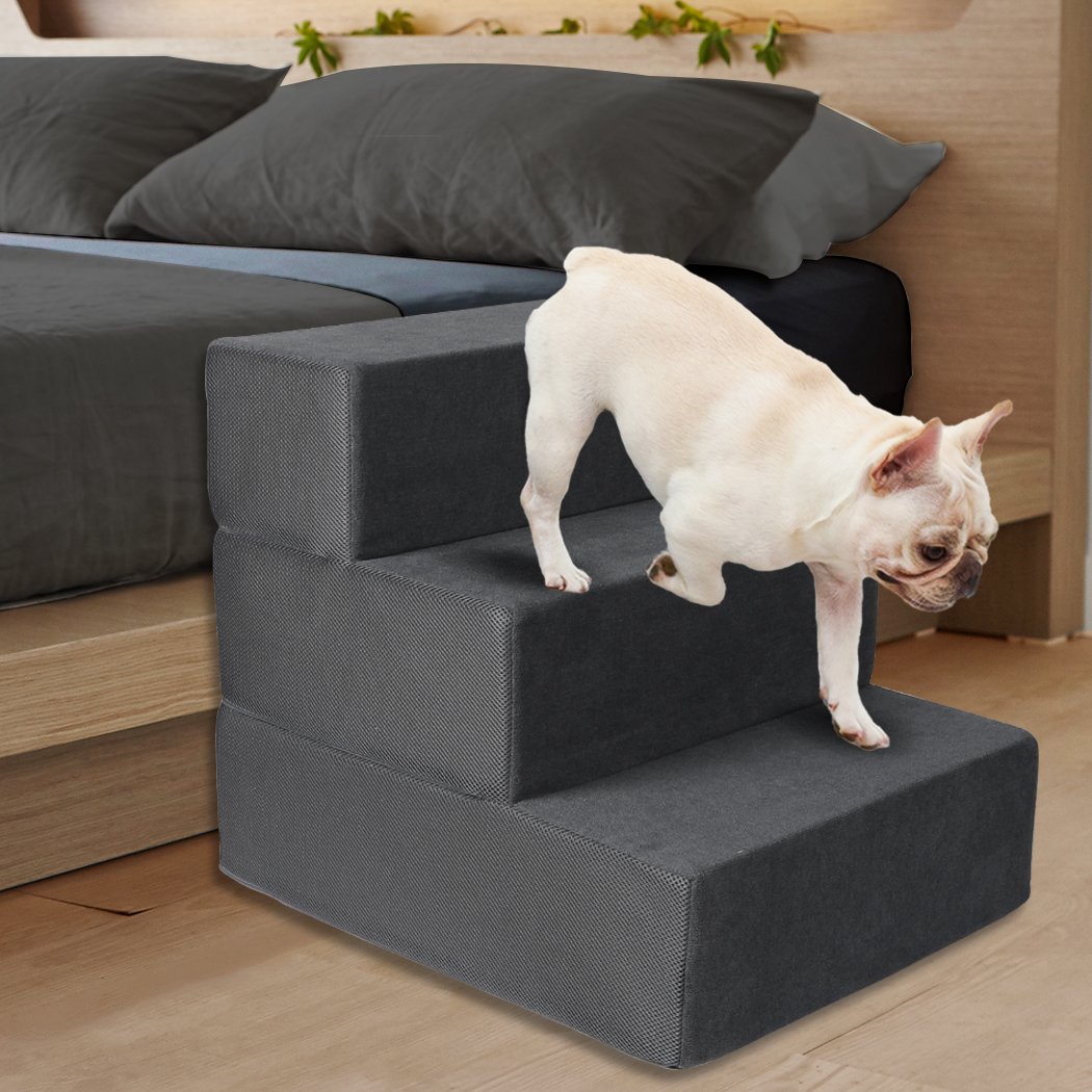 PaWz Pet Stair 3 Step Ramp in grey, featuring soft high-density foam and anti-slip bottom for pet safety and comfort.