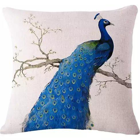 PEACOCK EXOTICA Cushion Covers featuring vibrant peacock designs in Royal Purple, Emerald Green, and Deep Turquoise on a soft cotton linen fabric.