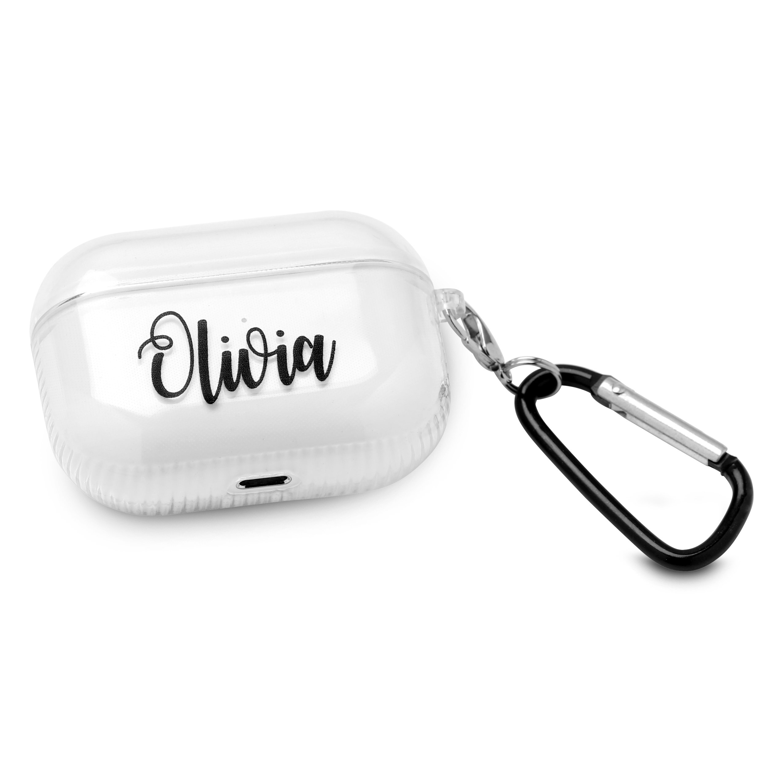 Personalized clear case for Airpods Pro with name customization, featuring a metal strap and snug fit design.