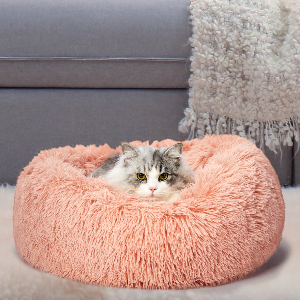 XXL Pink Donut Pet Bed designed for deep sleeping and calming comfort for cats and dogs.