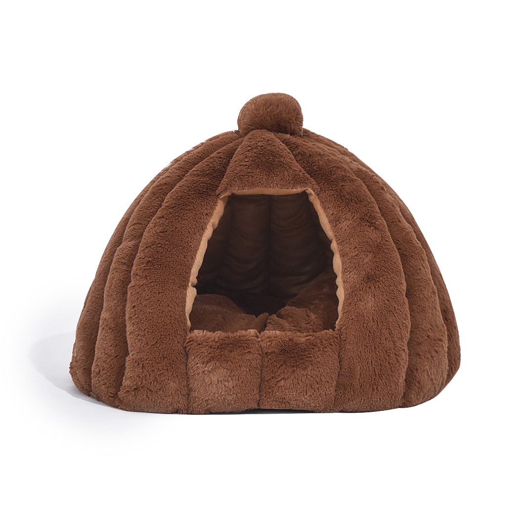 Brown Comfy Kennel Cave Pet Bed designed for cats and dogs, featuring a pumpkin house design and soft flannel material for warmth.