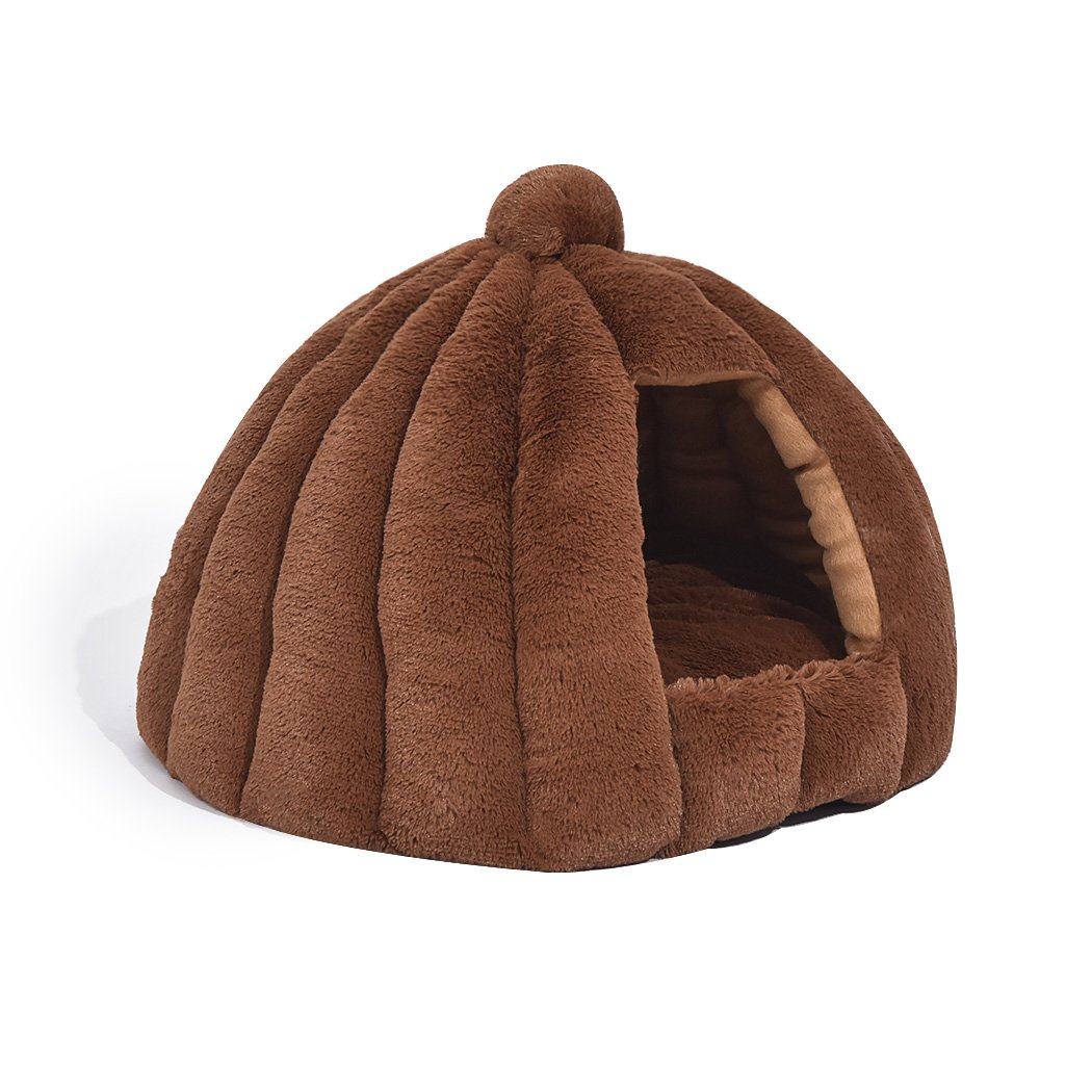 Brown Comfy Kennel Cave Pet Bed designed for cats and dogs, featuring a pumpkin house design and soft flannel material for warmth.