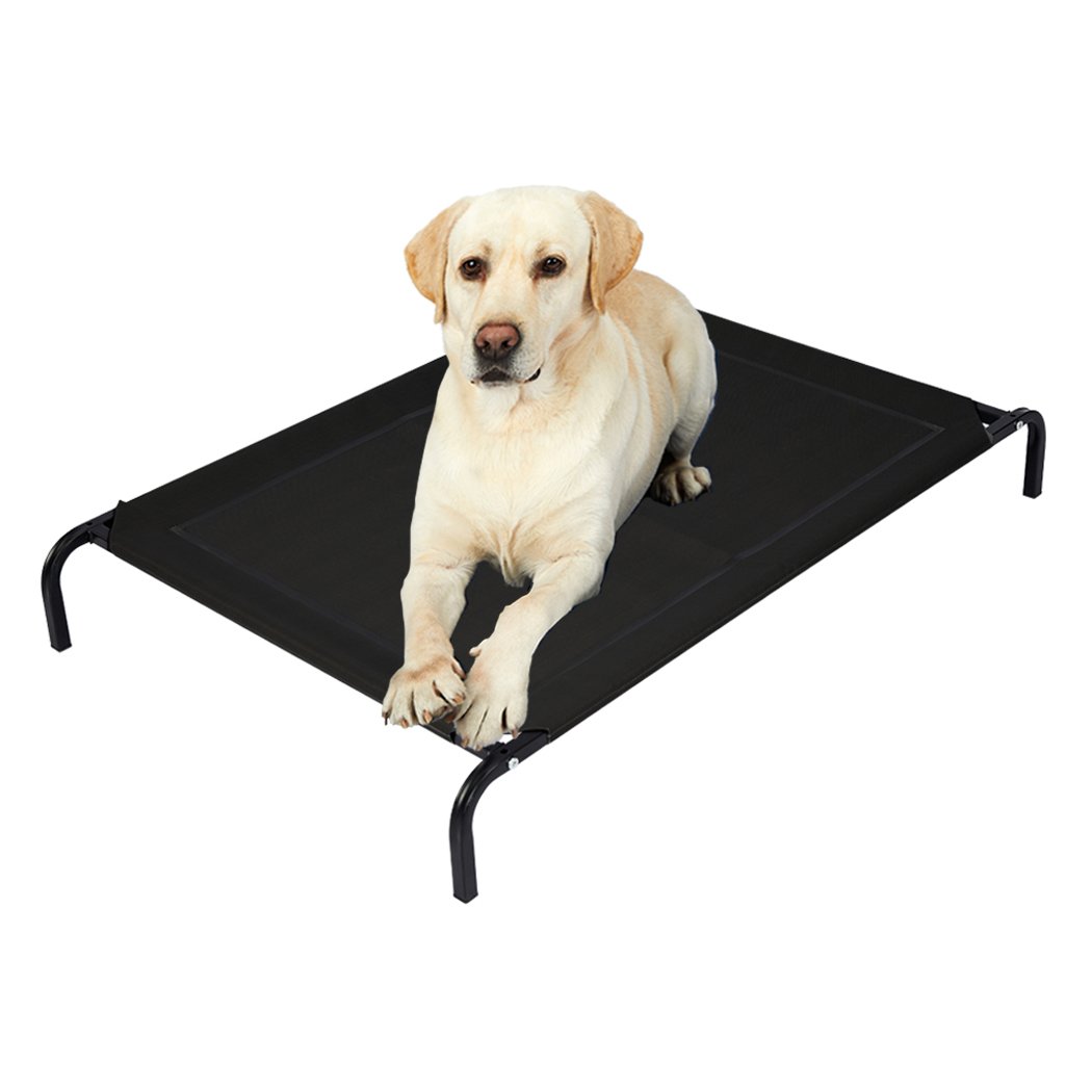 Black heavy-duty trampoline dog bed made of Teslin mesh and steel, designed for comfort and support.