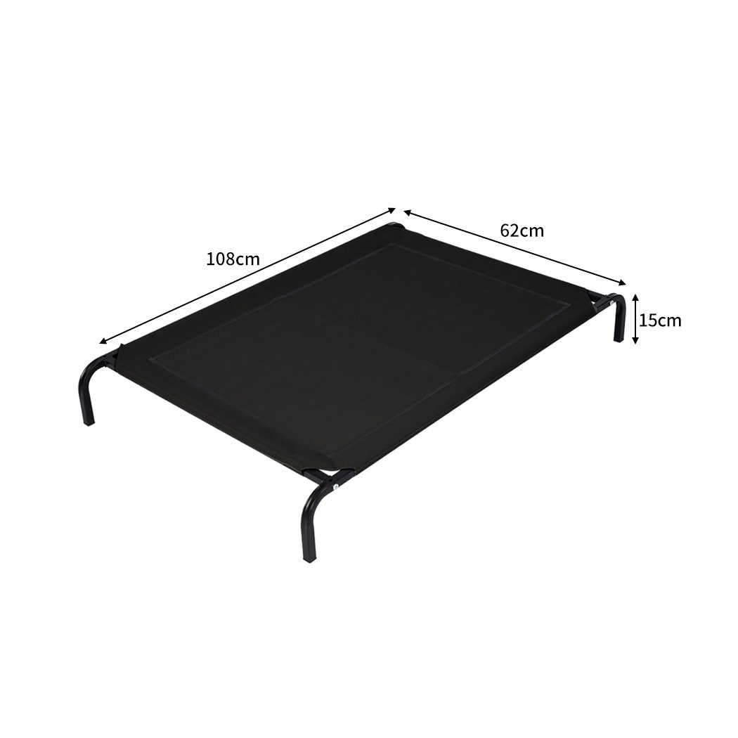 Black heavy-duty trampoline dog bed made of Teslin mesh and steel, designed for comfort and support.