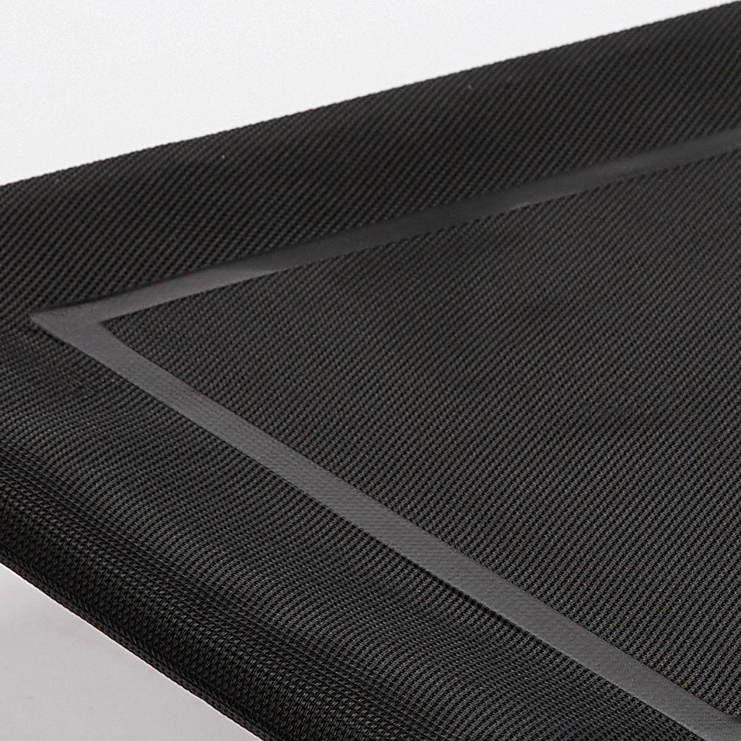 Black heavy-duty trampoline dog bed made of Teslin mesh and steel, designed for comfort and support.