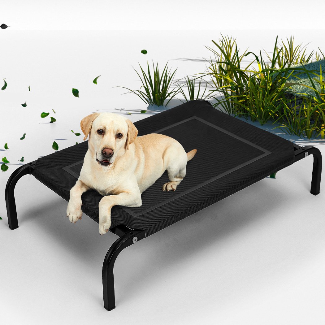 Black heavy-duty trampoline dog bed made of Teslin mesh and steel, designed for comfort and support.