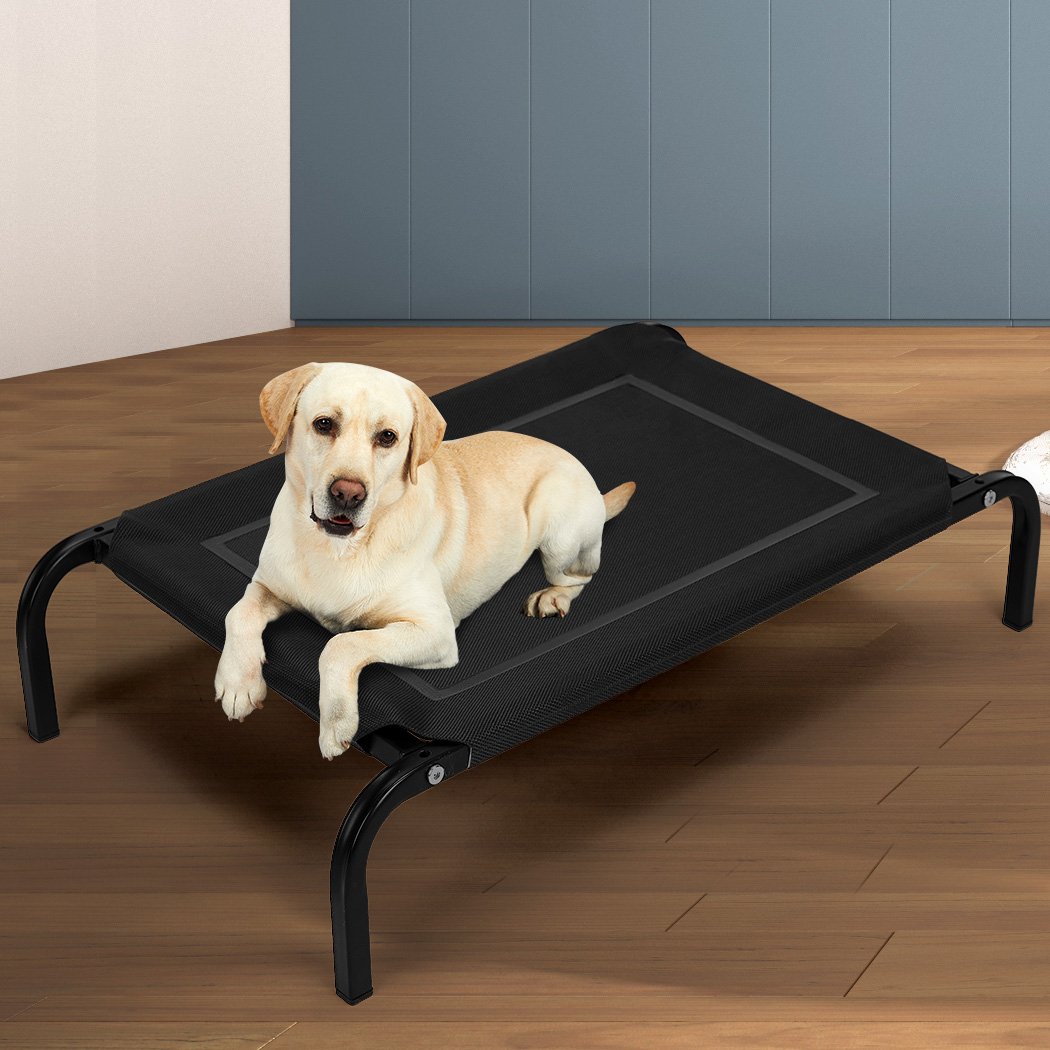 Black heavy-duty trampoline dog bed made of Teslin mesh and steel, designed for comfort and support.