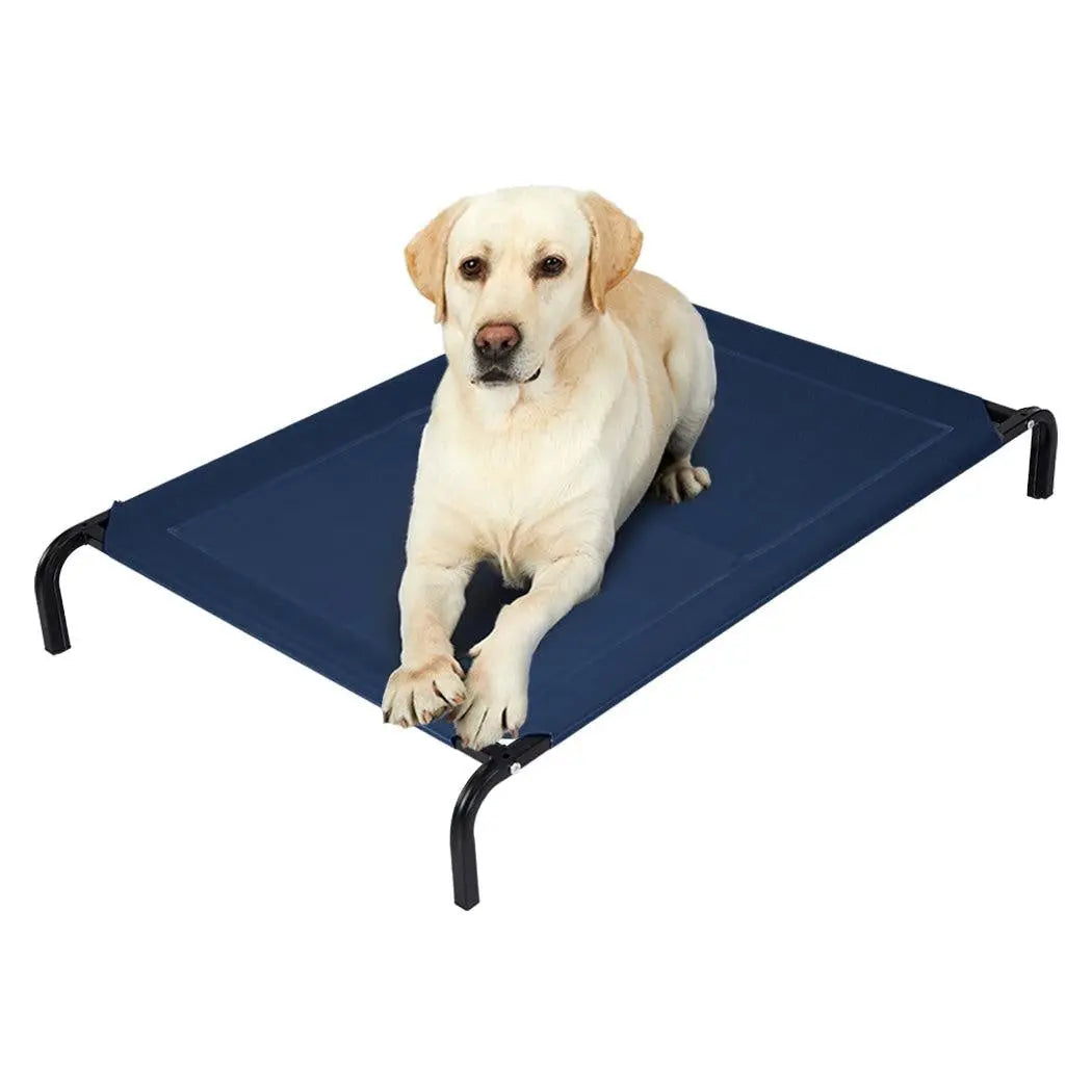 Navy pet trampoline bed made of Teslin mesh and steel, designed for comfort and support for dogs.