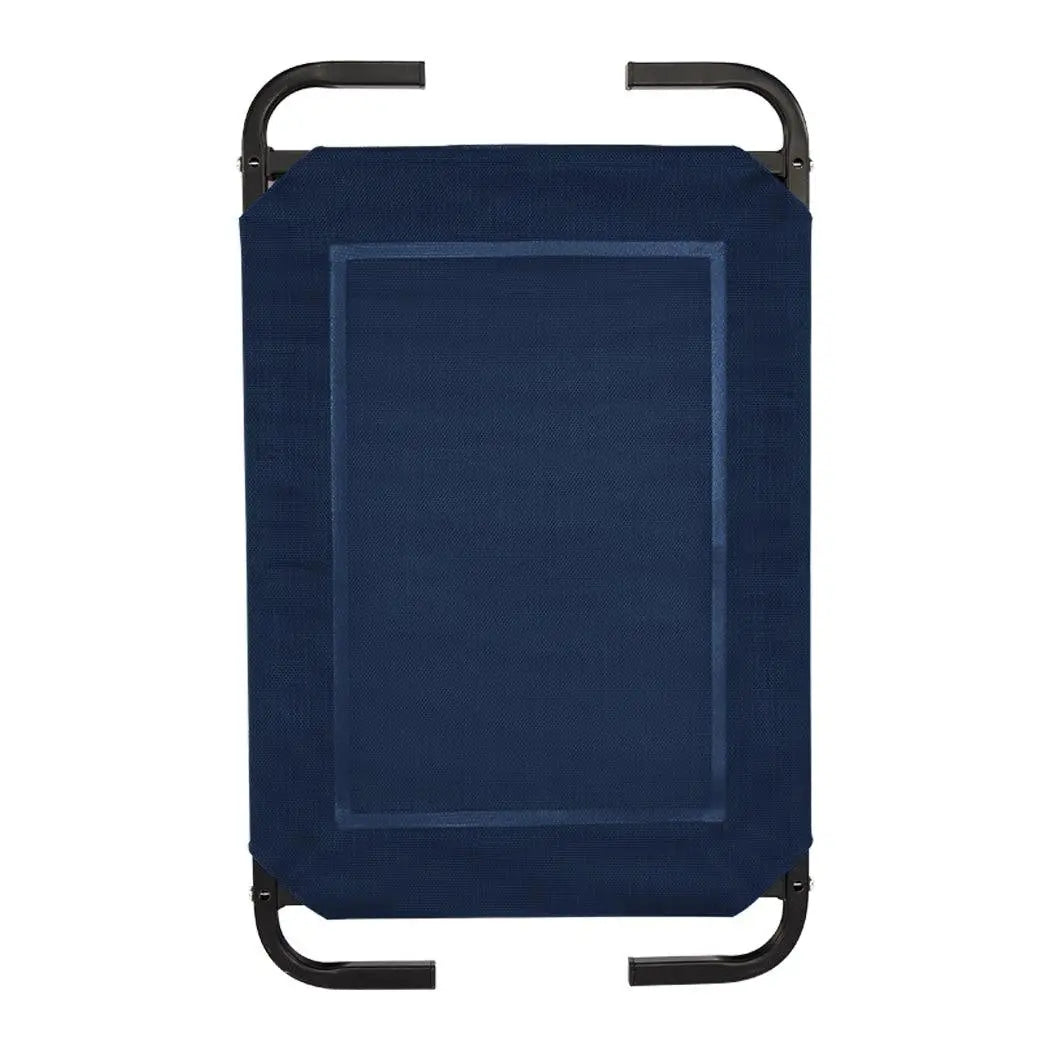 Navy pet trampoline bed made of Teslin mesh and steel, designed for comfort and support for dogs.