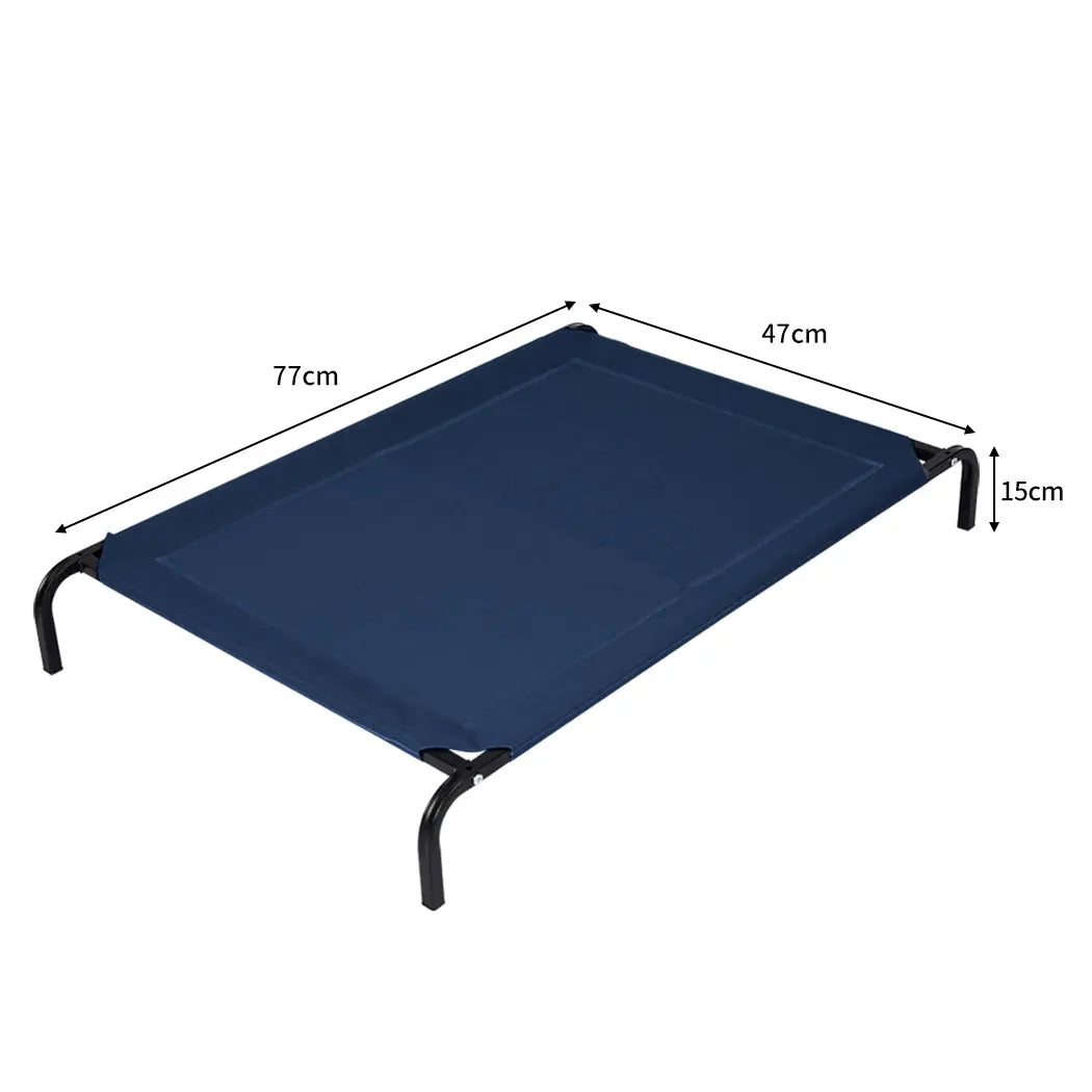 Navy pet trampoline bed made of Teslin mesh and steel, designed for comfort and support for dogs.