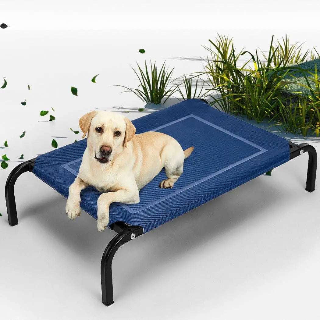 Navy pet trampoline bed made of Teslin mesh and steel, designed for comfort and support for dogs.