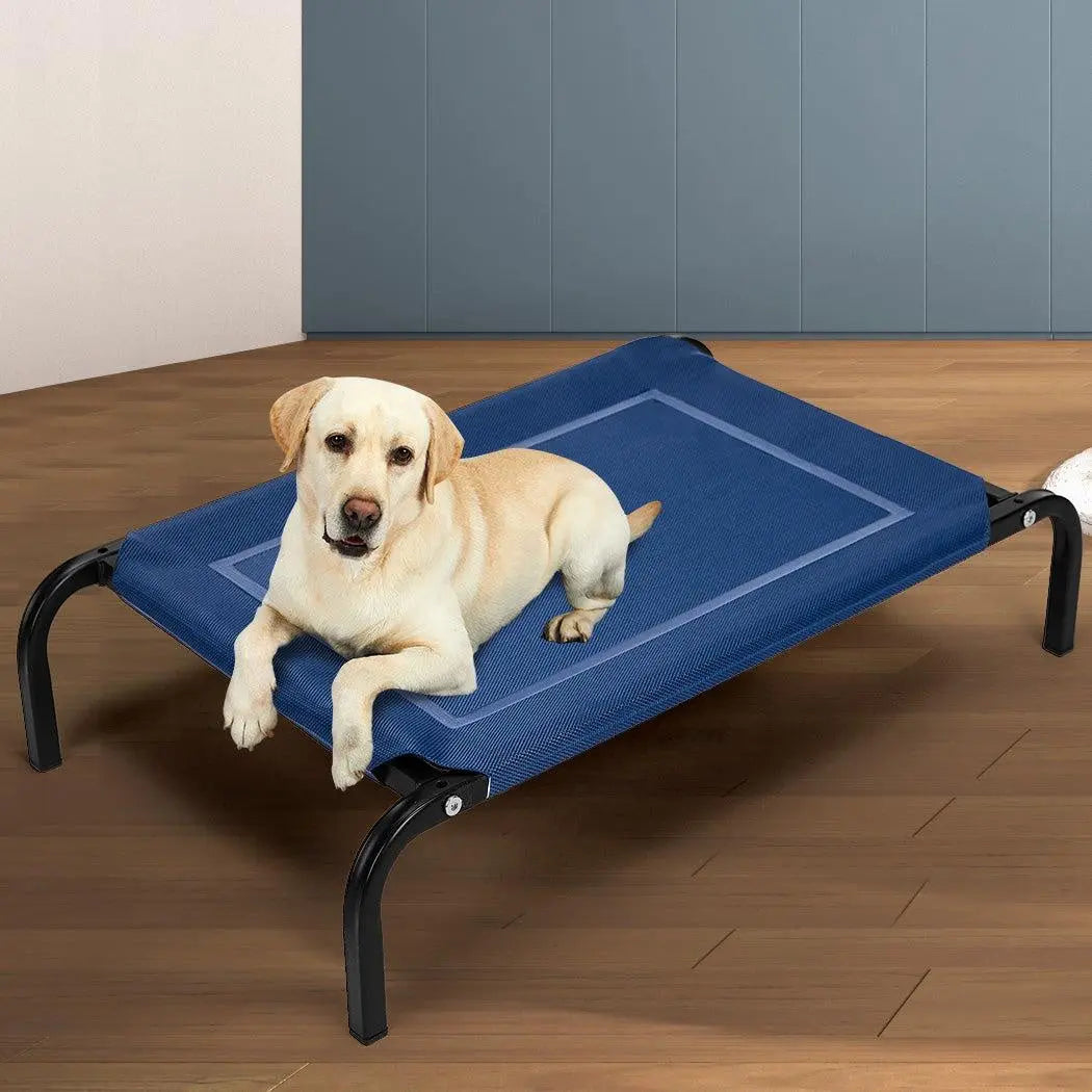 Navy pet trampoline bed made of Teslin mesh and steel, designed for comfort and support for dogs.