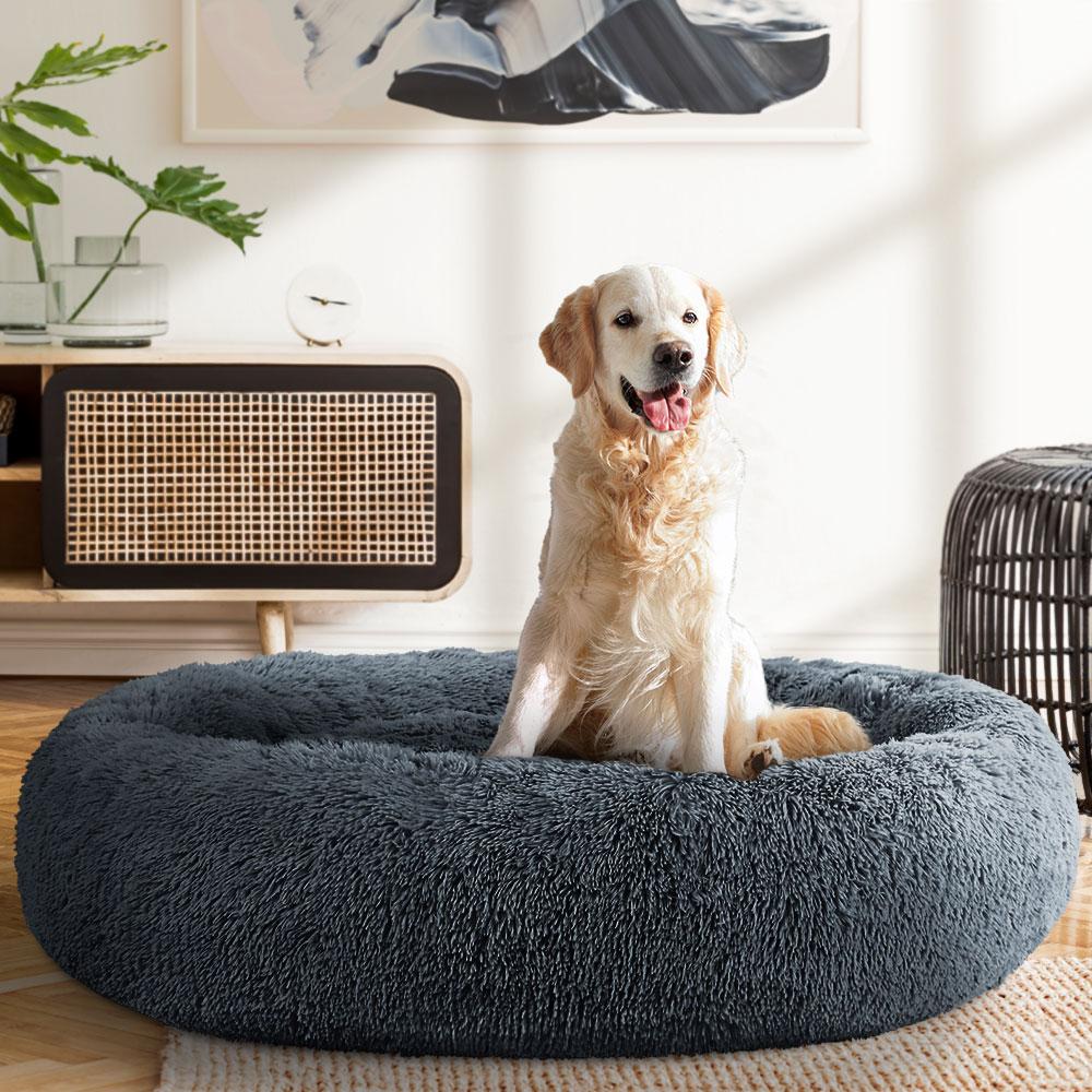 Extra Large Dark Grey Calming Pet Bed for dogs and cats, featuring a soft surface and non-slip base, perfect for comfortable sleeping.