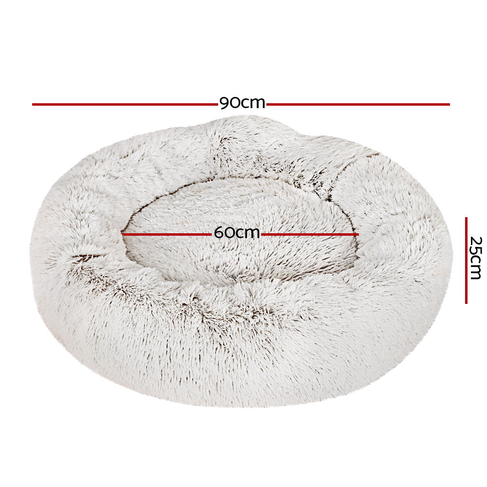 Large 90cm white pet bed for dogs and cats, featuring a soft, durable design with a non-slip base and removable cover.