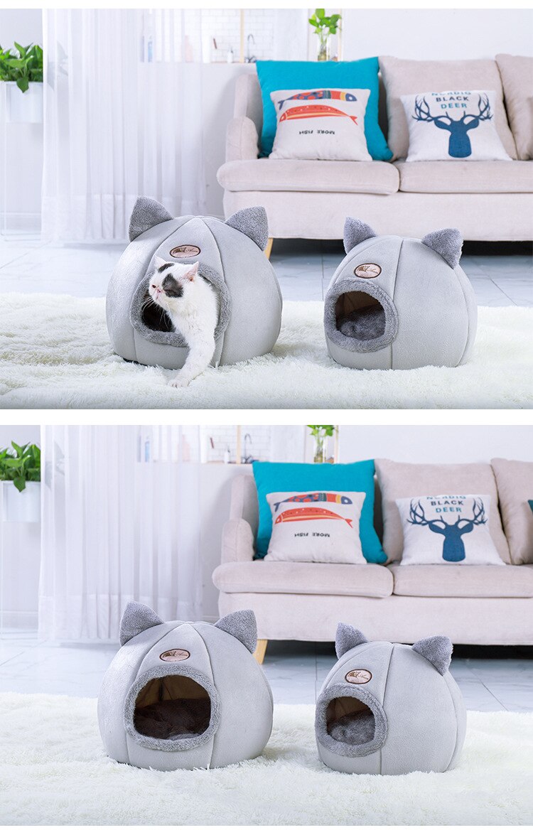 Cozy plush cat house with removable mat, perfect for winter warmth and indoor use.