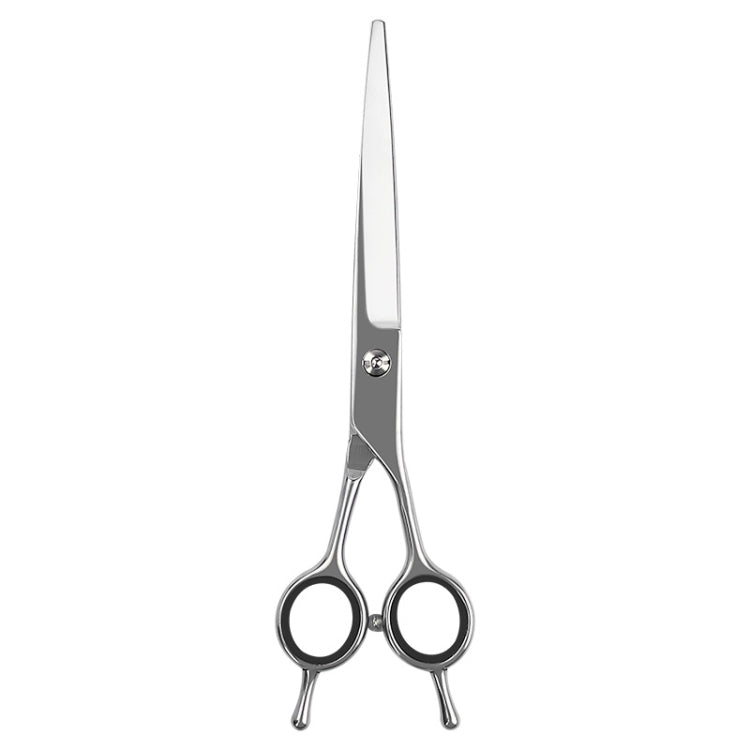 Set of stainless steel pet grooming scissors for dogs and cats, including straight, curved, and thinning shears.