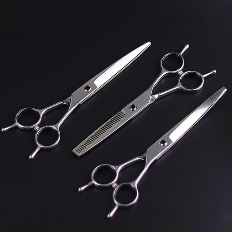 Set of stainless steel pet grooming scissors for dogs and cats, including straight, curved, and thinning shears.