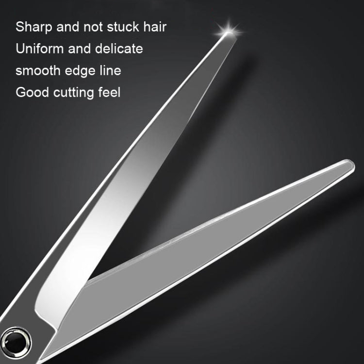 Set of stainless steel pet grooming scissors for dogs and cats, including straight, curved, and thinning shears.