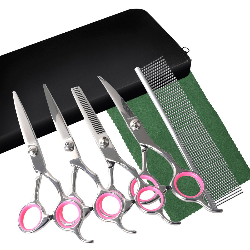 A professional pet grooming scissors set featuring four types of scissors, a comb, and a cloth, all housed in a stylish PU leather pouch.