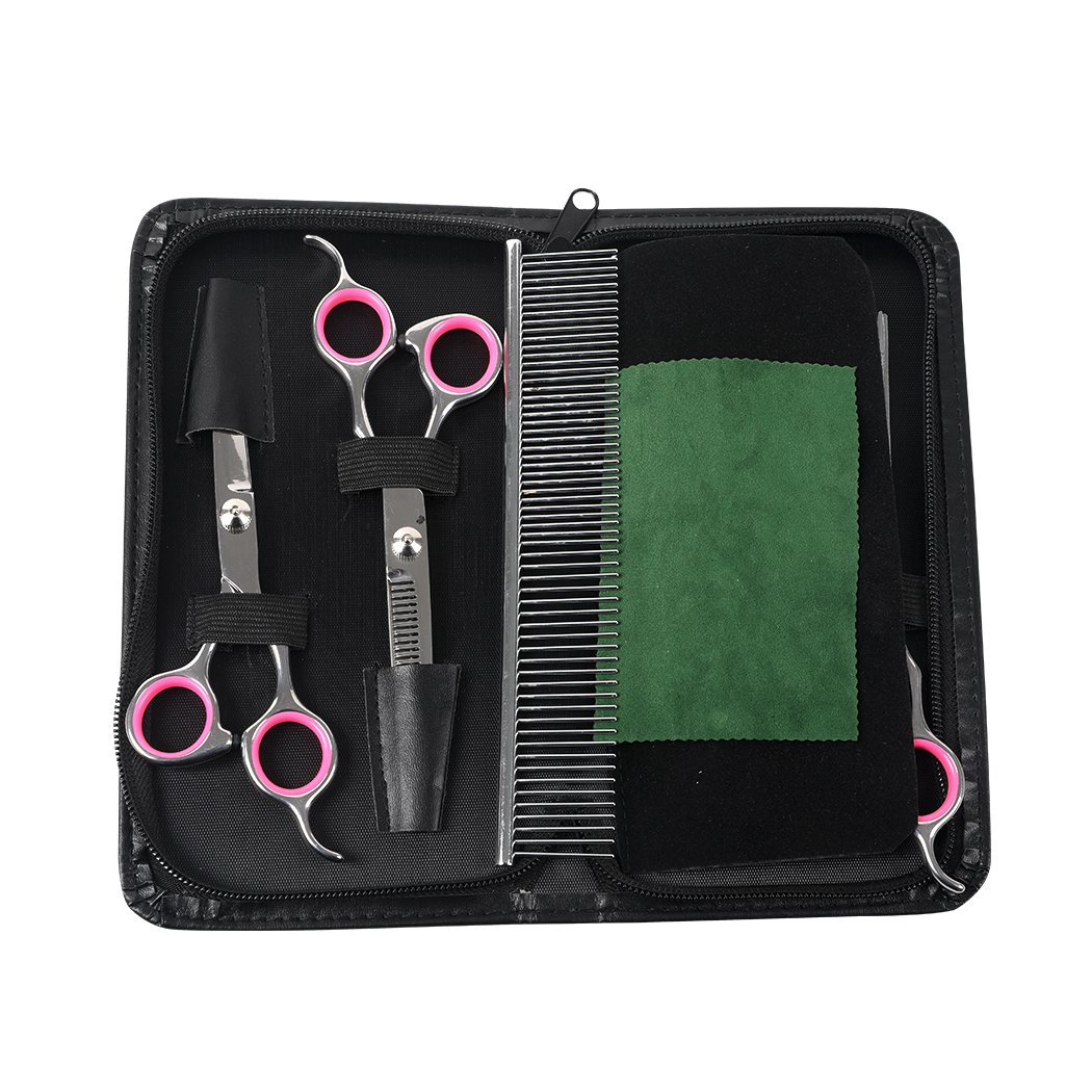 A professional pet grooming scissors set featuring four types of scissors, a comb, and a cloth, all housed in a stylish PU leather pouch.