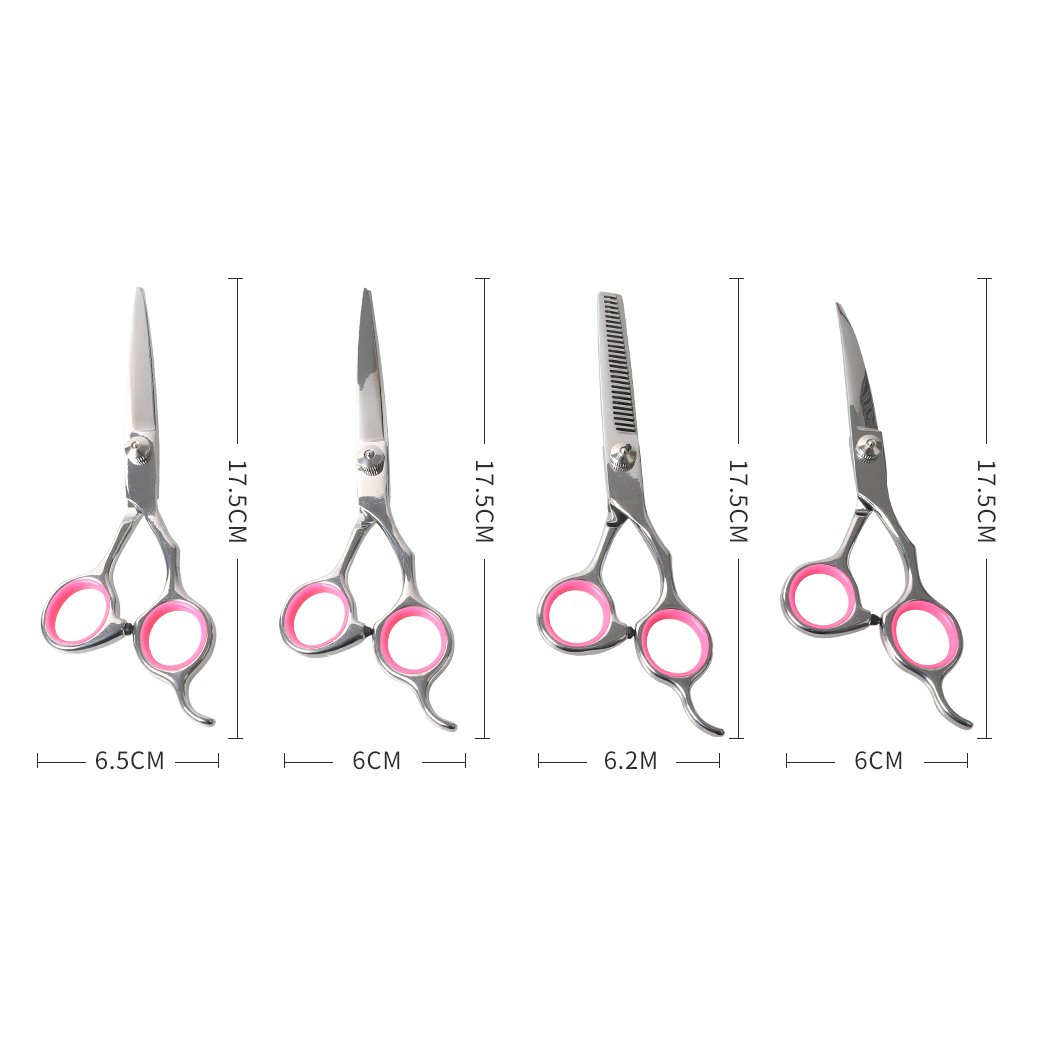 A professional pet grooming scissors set featuring four types of scissors, a comb, and a cloth, all housed in a stylish PU leather pouch.