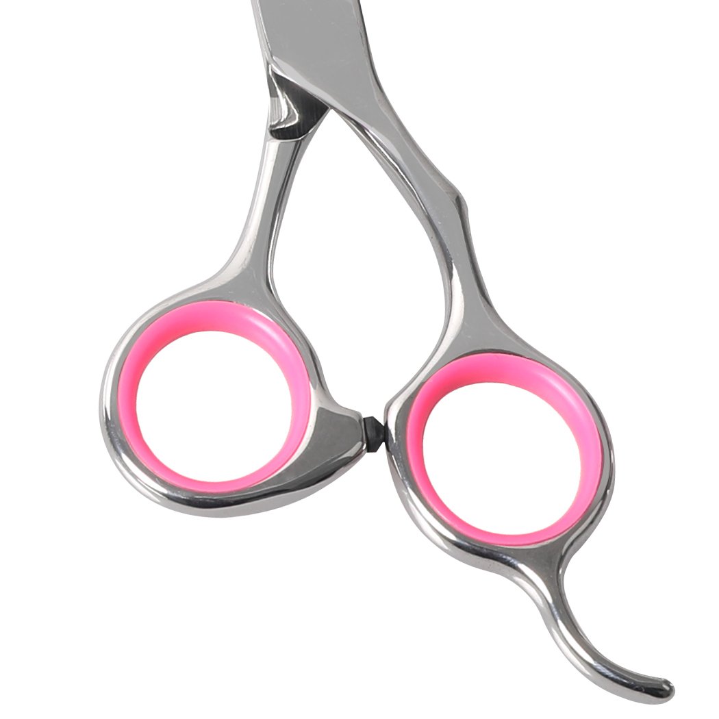 A professional pet grooming scissors set featuring four types of scissors, a comb, and a cloth, all housed in a stylish PU leather pouch.