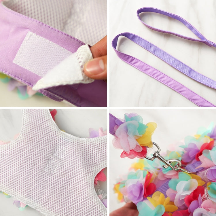 Purple pet lace vest harness with 3D flowers for small dogs and cats, featuring a soft and breathable design.