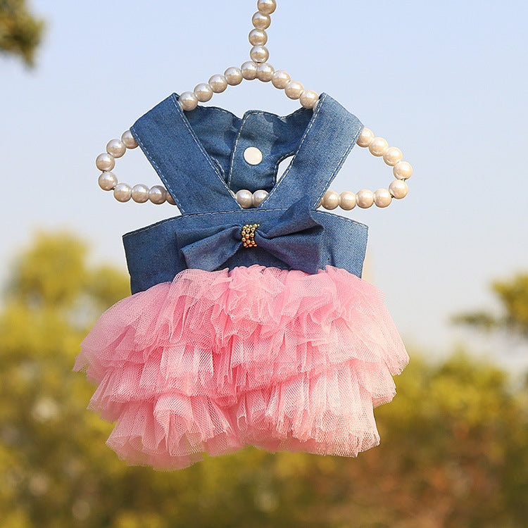 Pet Mesh Skirt Dress for small dogs and cats in pink denim with suspenders, showcasing a stylish and comfortable design.