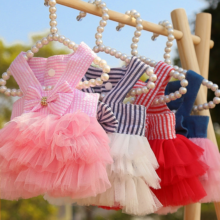 Pet Mesh Skirt Dress for small dogs and cats in pink denim with suspenders, showcasing a stylish and comfortable design.