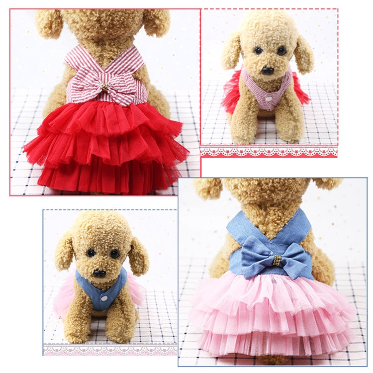 Pet Mesh Skirt Dress for small dogs and cats in pink denim with suspenders, showcasing a stylish and comfortable design.