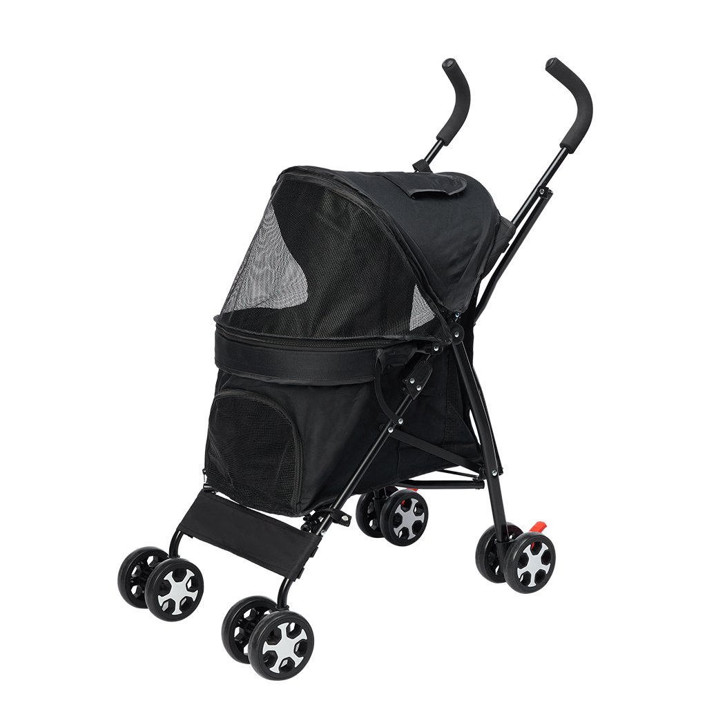 Foldable pet stroller for dogs and cats with a sturdy steel frame and breathable canopy, designed for comfortable travel.