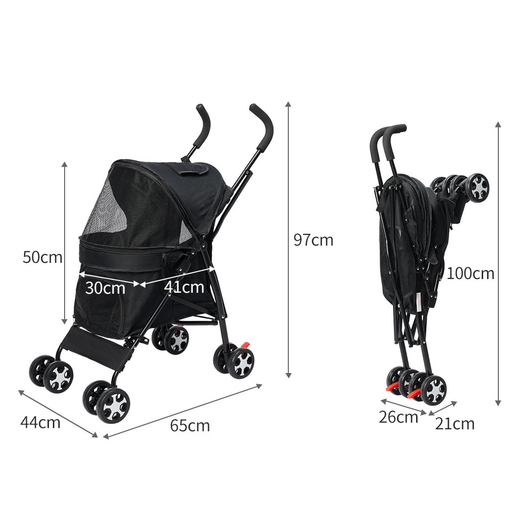 Foldable pet stroller for dogs and cats with a sturdy steel frame and breathable canopy, designed for comfortable travel.