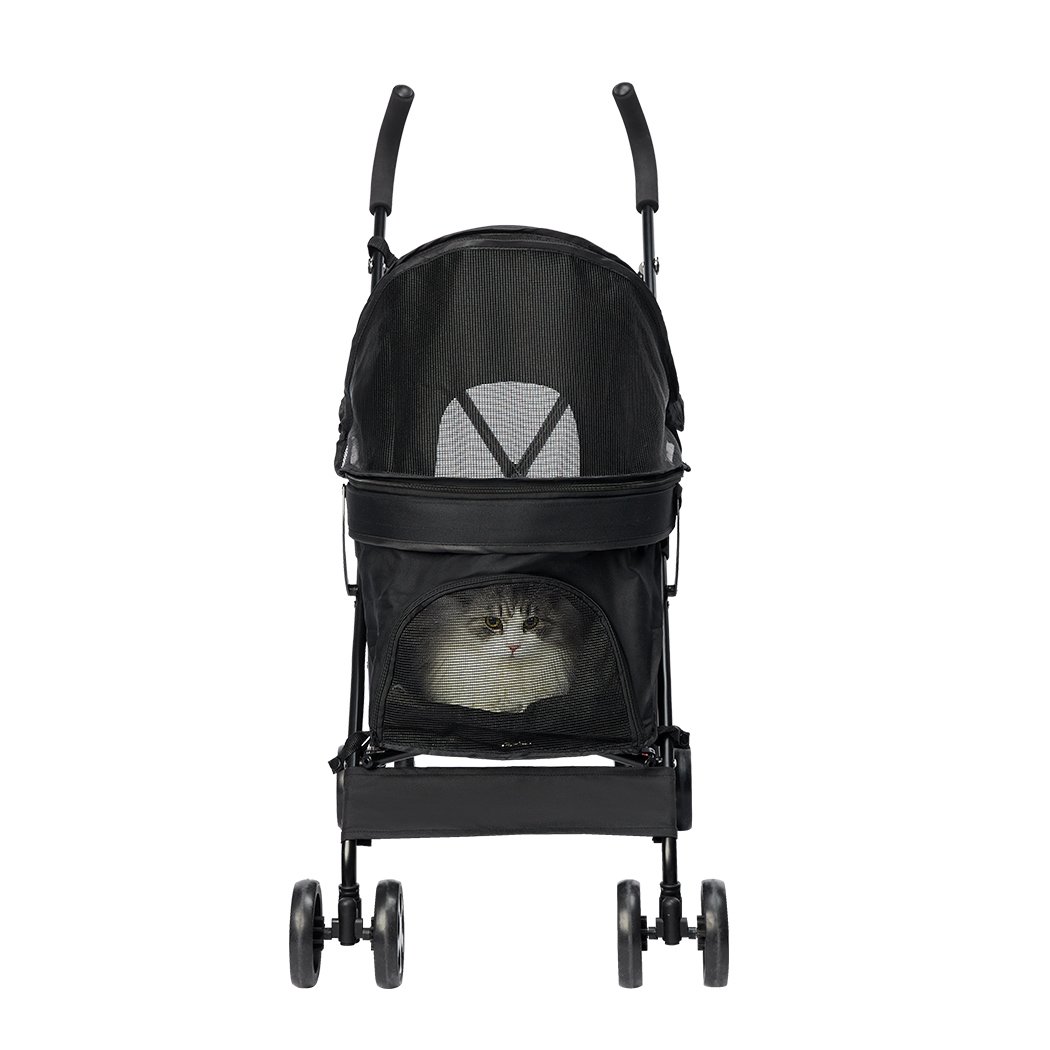 Foldable pet stroller for dogs and cats with a sturdy steel frame and breathable canopy, designed for comfortable travel.