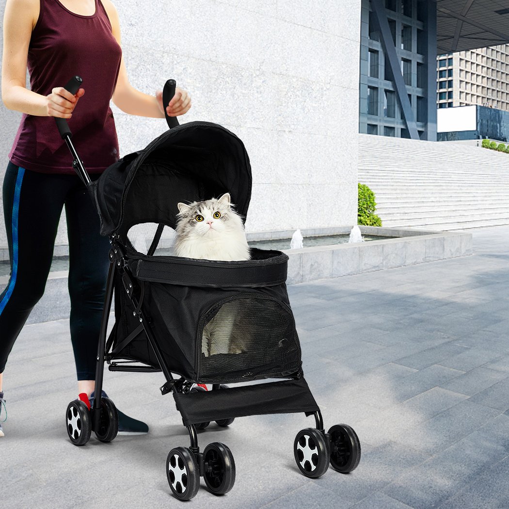 Foldable pet stroller for dogs and cats with a sturdy steel frame and breathable canopy, designed for comfortable travel.