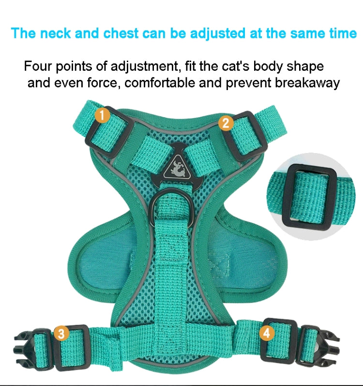 Reflective Pet Vest Harness and Traction Rope Set for dogs and cats, featuring breathable mesh fabric and adjustable straps for comfort and safety.