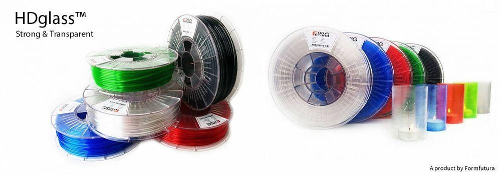 FormFortura HDGlass PETG filament spool, showcasing its high gloss and transparent properties, ideal for 3D printing.